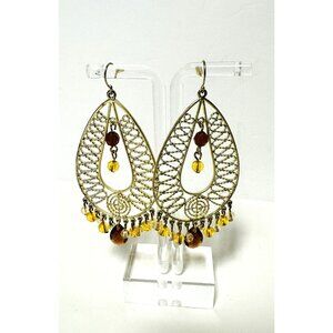 VTG Woven Beaded Boho Tear Drop Dangle Gold-tone Earrings Brown Yellow Beads